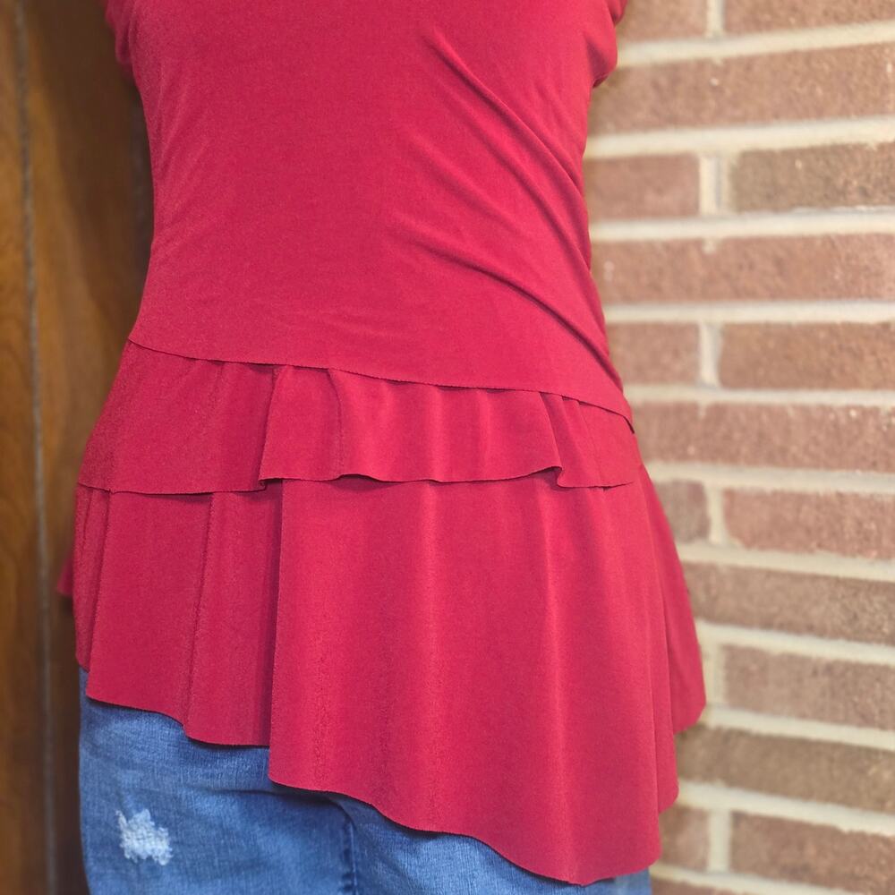 VTG Y2K Julie's Closet Maroon Halter Top Ruffle Tiered Peplum Asymmetrical XS - Picture 2 of 7